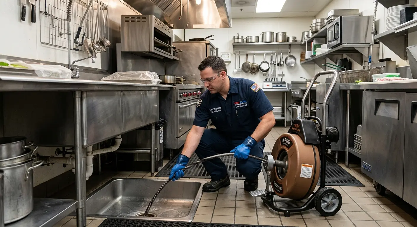 Commercial drain cleaning service in a restaurant kitchen in Orange City