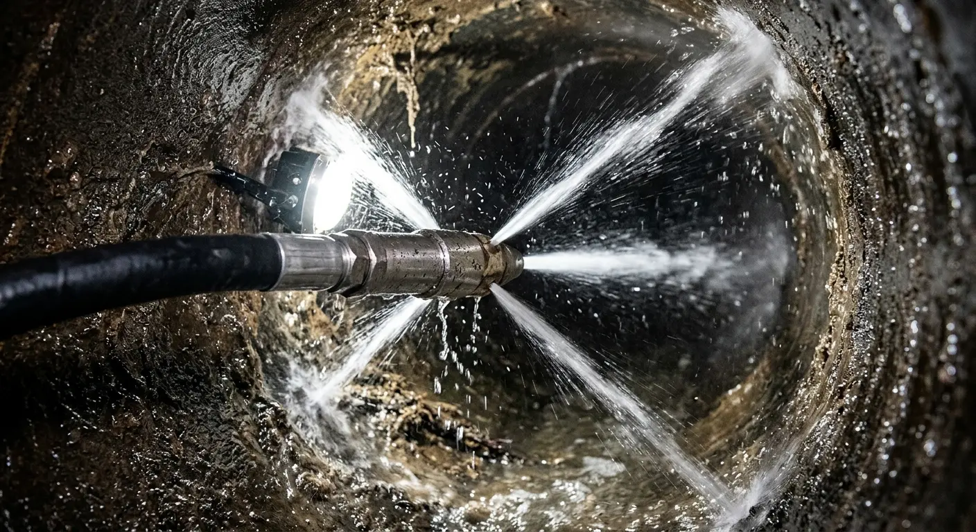 High-pressure hydro jetting nozzle cleaning sewer pipe for Emergency Drain Service in Orange City