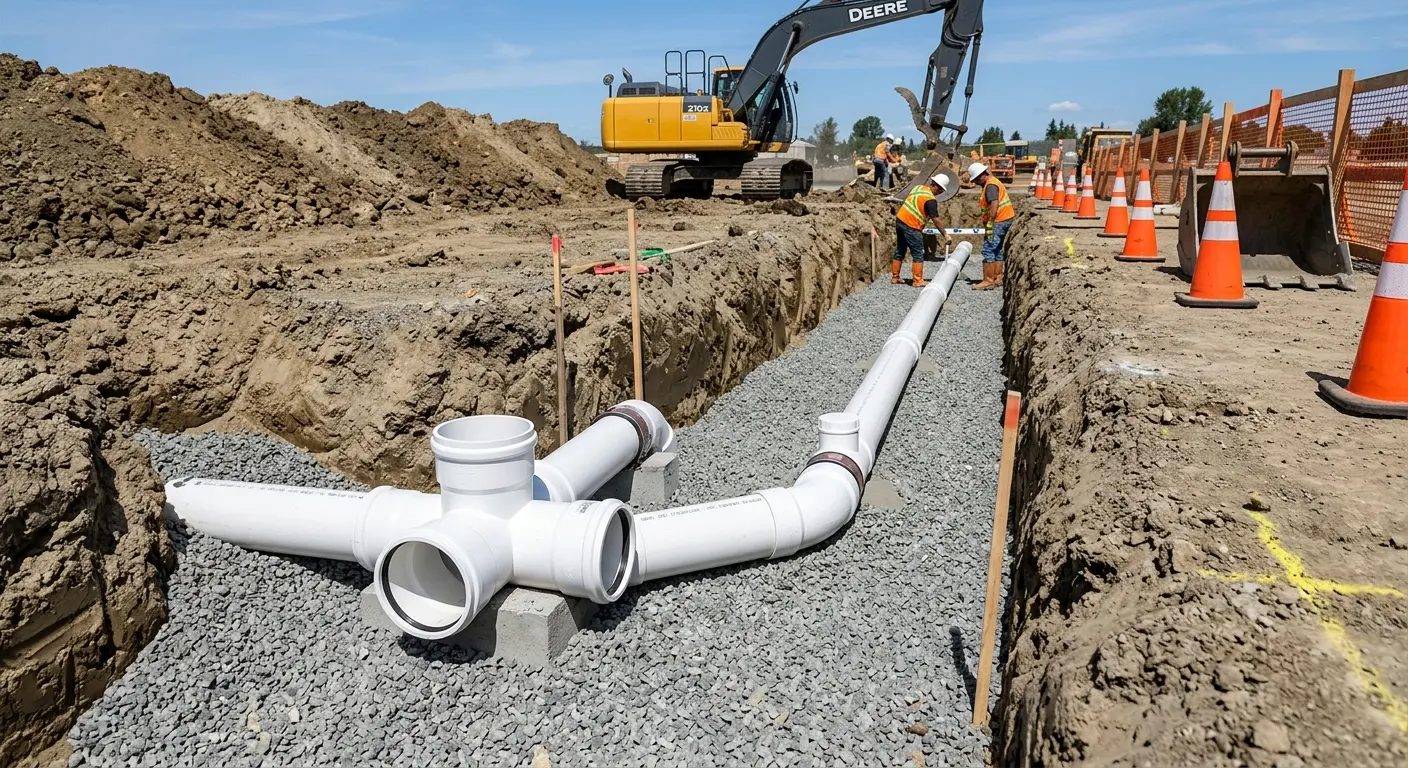New PVC sewer pipe installation in open trench for Commercial Drain Cleaning in Orange City