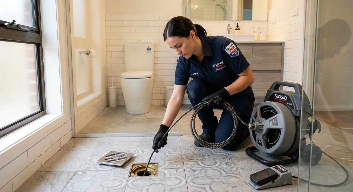 Technician clearing a bathroom floor drain for Drain Cleaning in Orange City